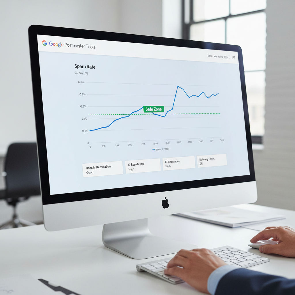 Screenshot representation of Google Postmaster Tools dashboard showing a graph of Spam Rate staying below the 0.1% line, labeled "Safe Zone".