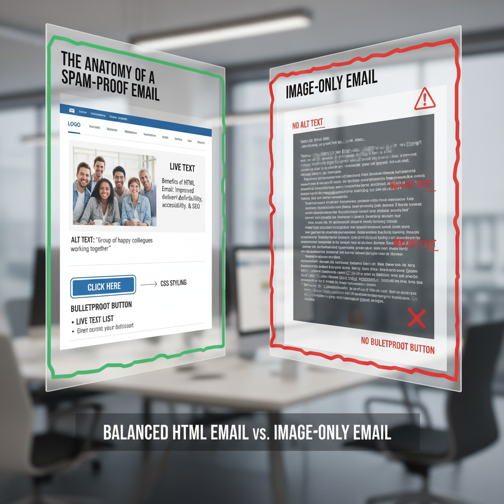 Infographic showing "The Anatomy of a Spam-Proof Email" comparing a balanced HTML email vs. an image-only email, highlighting elements like Alt Text, Live Text, and Bulletproof Buttons.