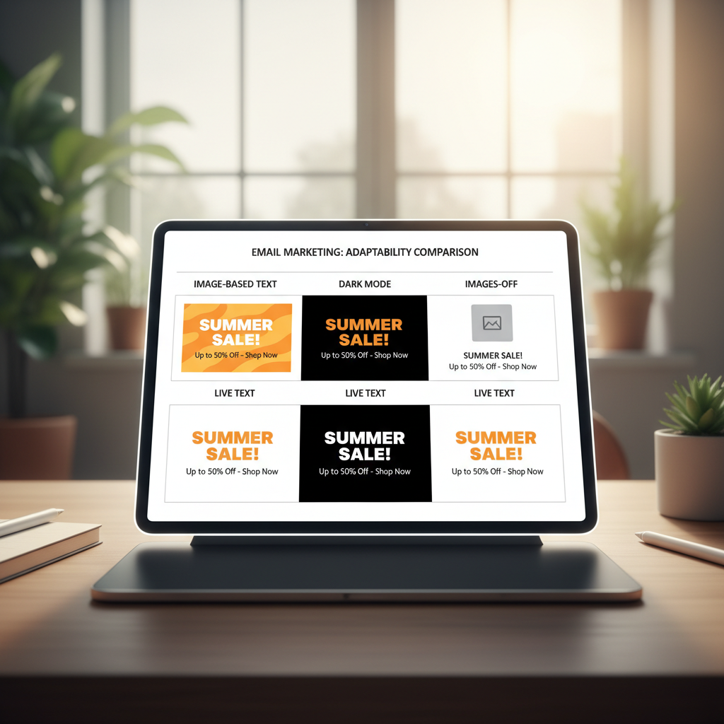 Comparison Chart showing "Image-Based Text vs. Live Text" across Light Mode, Dark Mode, and Images-Off scenarios. Shows how live text adapts while images fail or disappear.