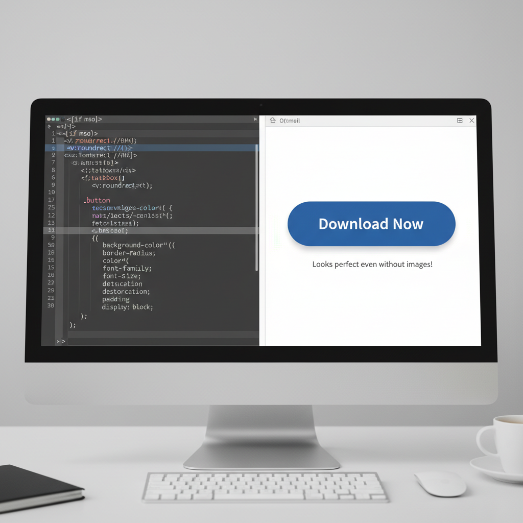 Screenshot showing a "Bulletproof Button" implementation. On the left, the code snippet (HTML/CSS). On the right, the rendered button looking perfect even without images.