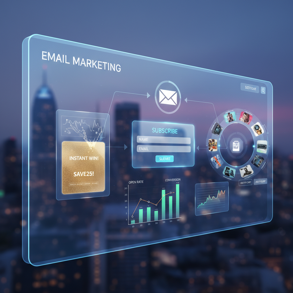 A futuristic visualization of an email inbox popping out with 3D interactive elements like forms, carousels, and scratch cards, symbolizing the shift from static to dynamic content.