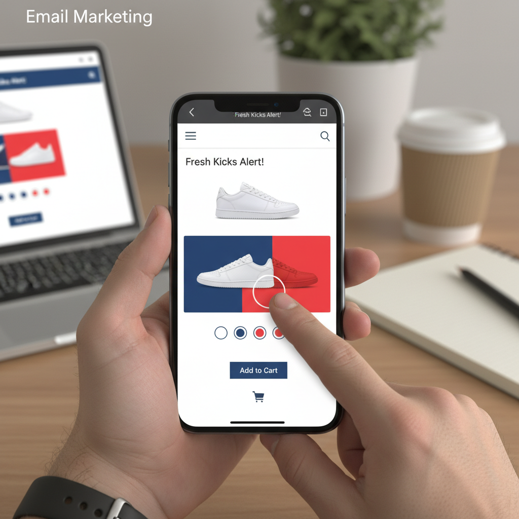An animated GIF concept showing a shoppable email carousel where a user swipes left to reveal different sneaker colors and clicks 'Add to Cart' directly within the email UI.