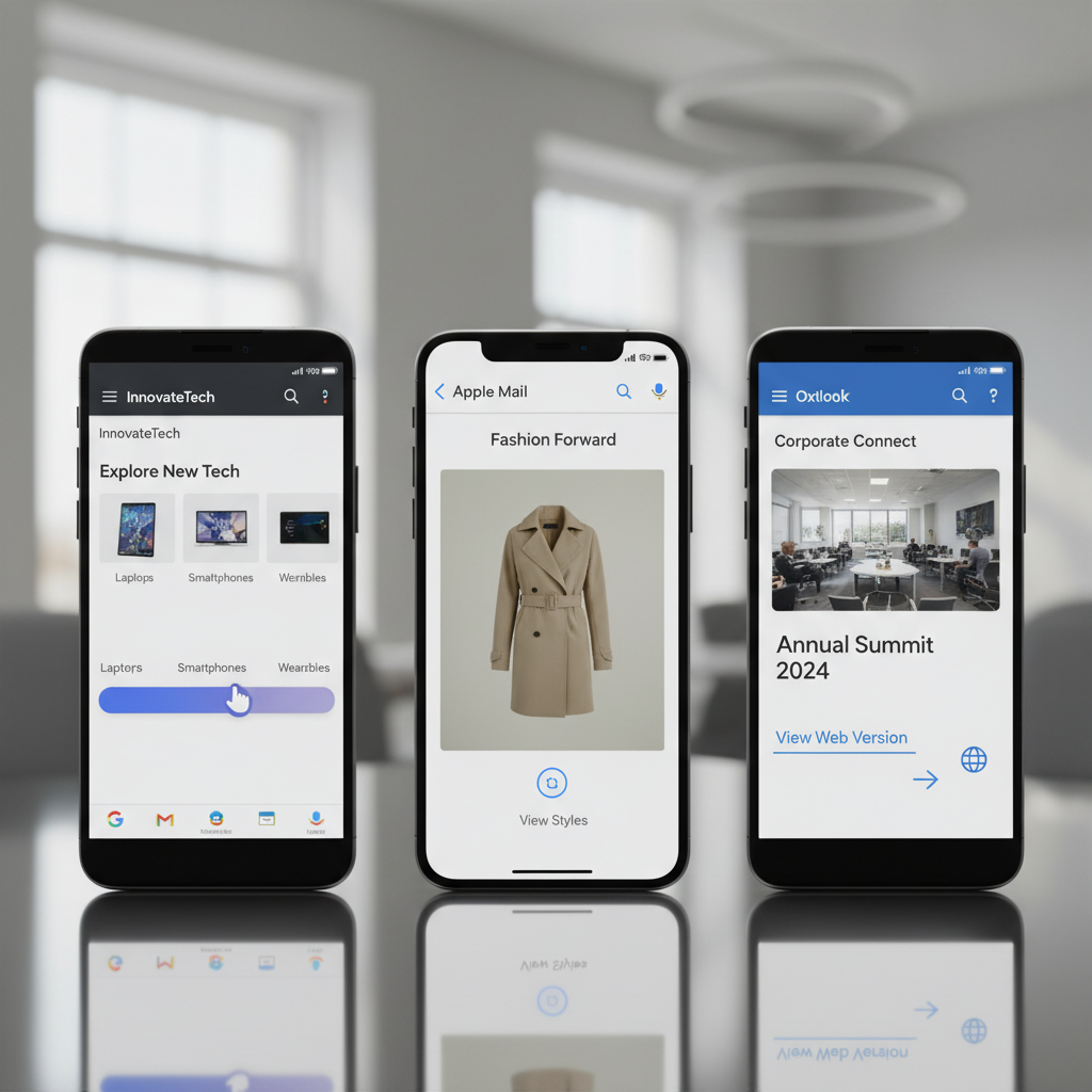 A comparative chart showing three smartphone screens: one running Gmail with a functional slider, one running Apple Mail with a CSS interaction, and one running Outlook with a static image that links to the web version.