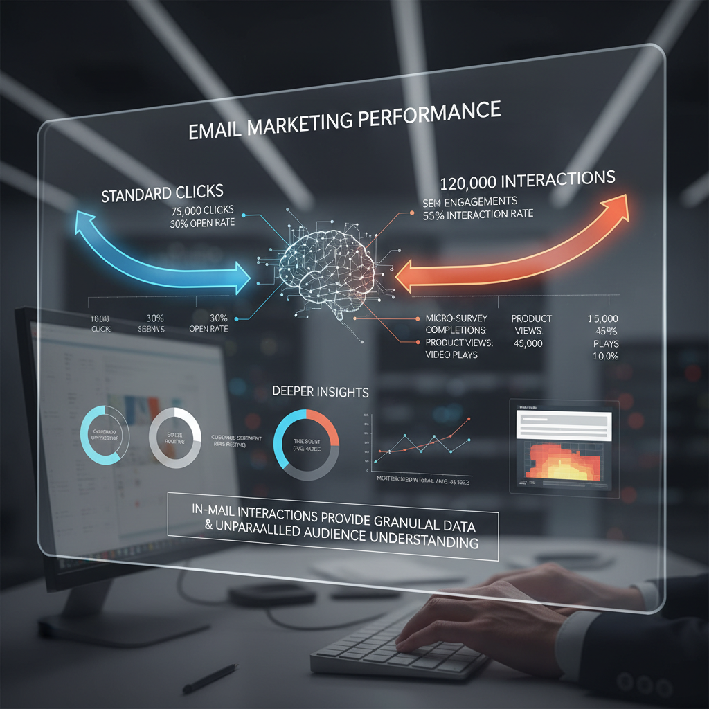 An analytics dashboard infographic showing a comparison between 'Standard Clicks' and 'In-Mail Interactions', highlighting the depth of data available from interactive elements.