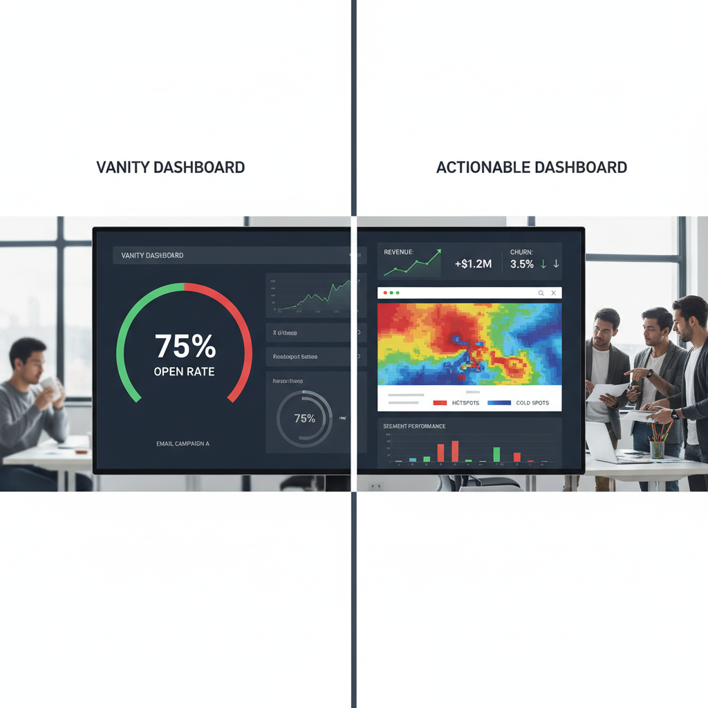 A comparative visual showing a "Vanity Dashboard" with just Open Rates versus an "Actionable Dashboard" showing Revenue, Churn, and Heatmaps