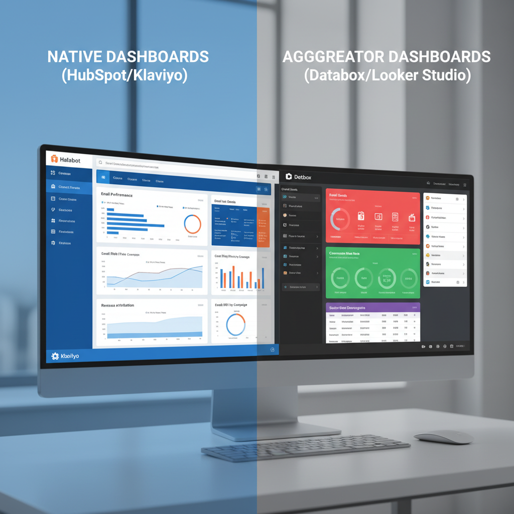 Graphic illustrating the difference between Native Dashboards (HubSpot/Klaviyo) and Aggregators (Databox/Looker Studio)