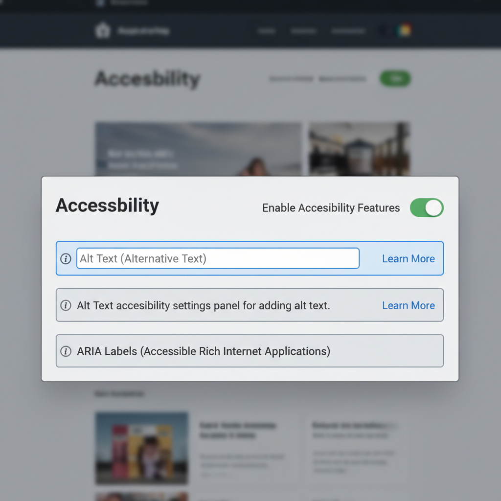 A close-up view of an accessibility settings panel in a website builder showing fields for Alt Text and Aria Labels. Alt text: Website builder accessibility settings panel for adding alt text.