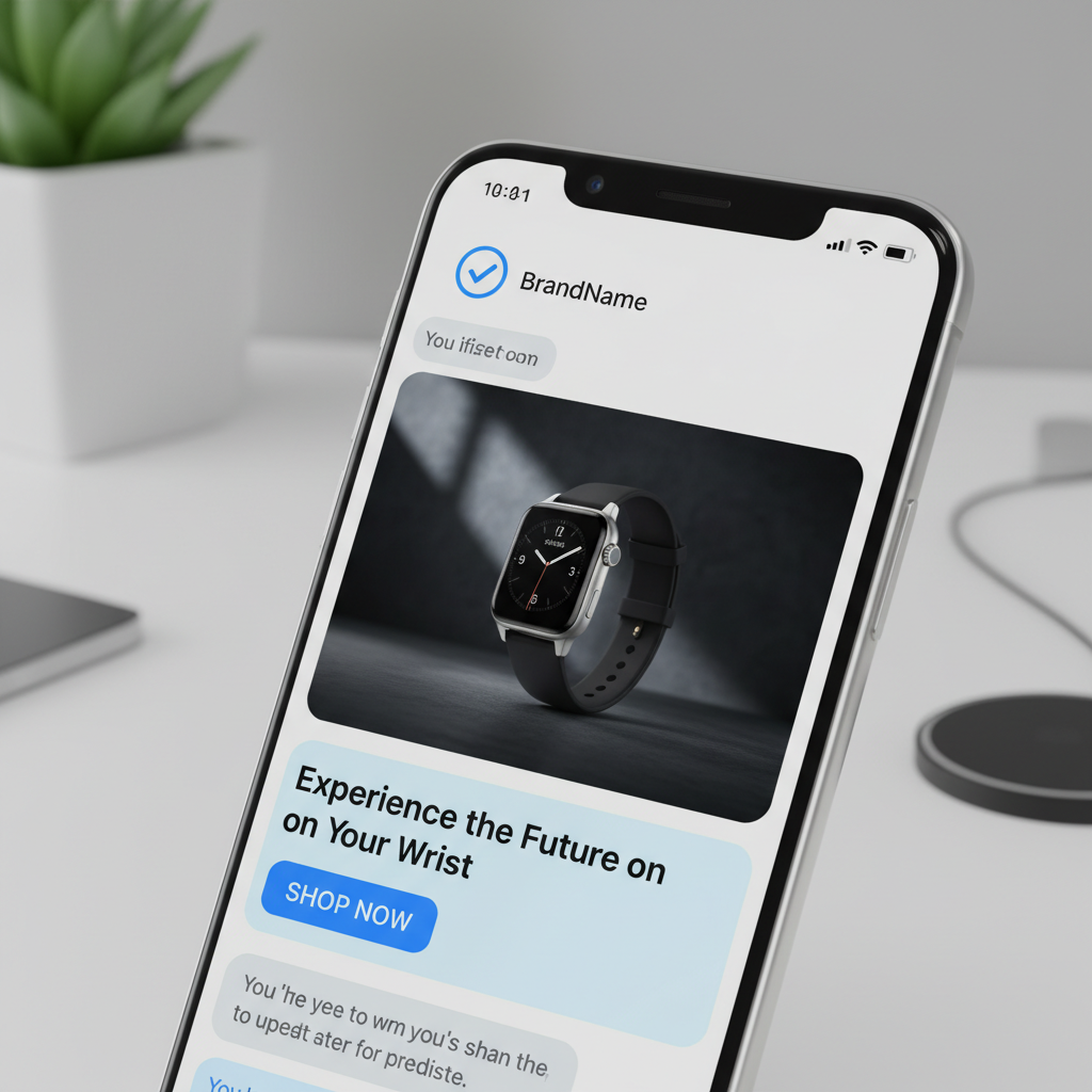 A mobile phone screen mockup displaying a branded RCS message. The message includes a high-quality product image, a 