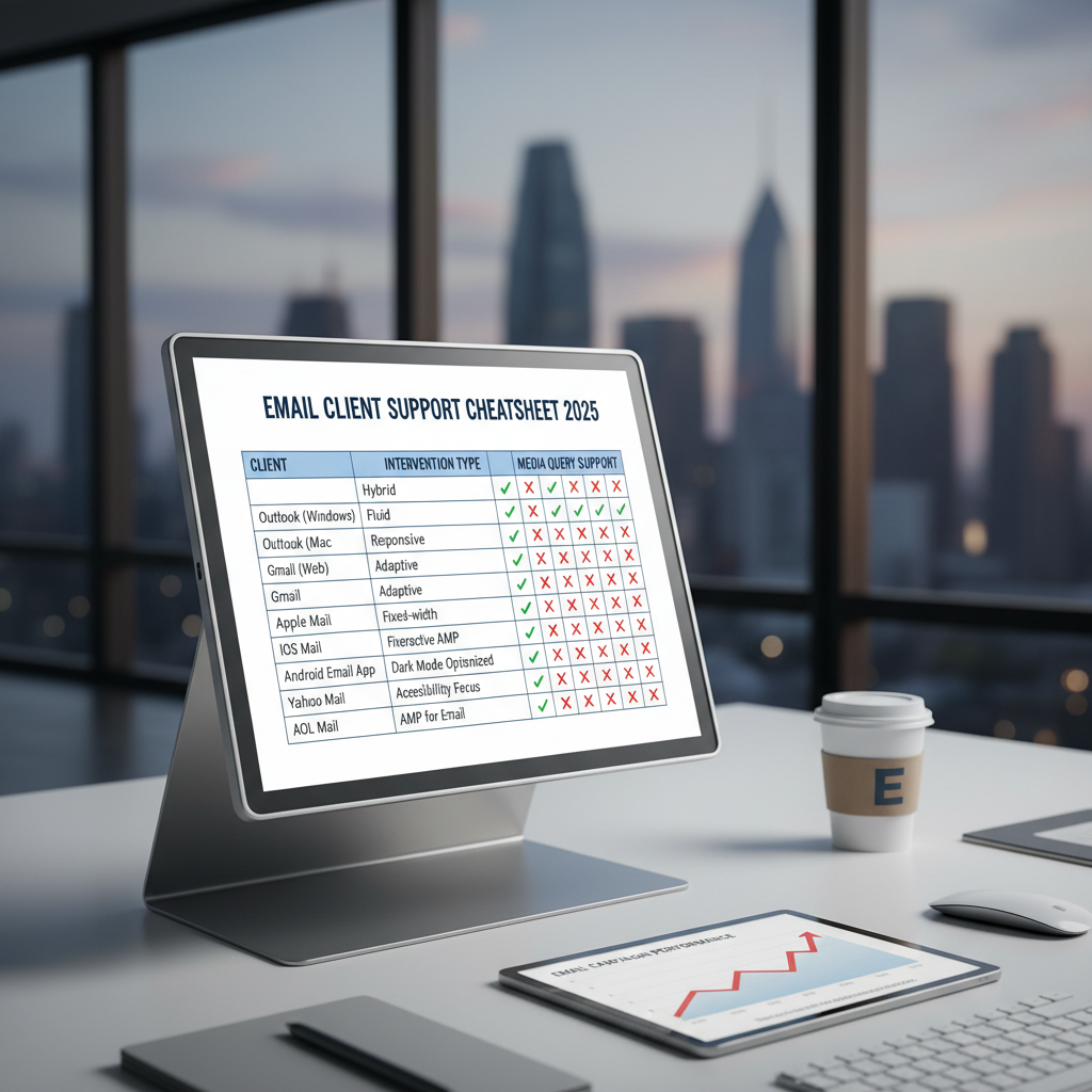Matrix Chart titled 'Email Client Support Cheatsheet 2025' showing columns for Client, Inversion Type, and Media Query Support