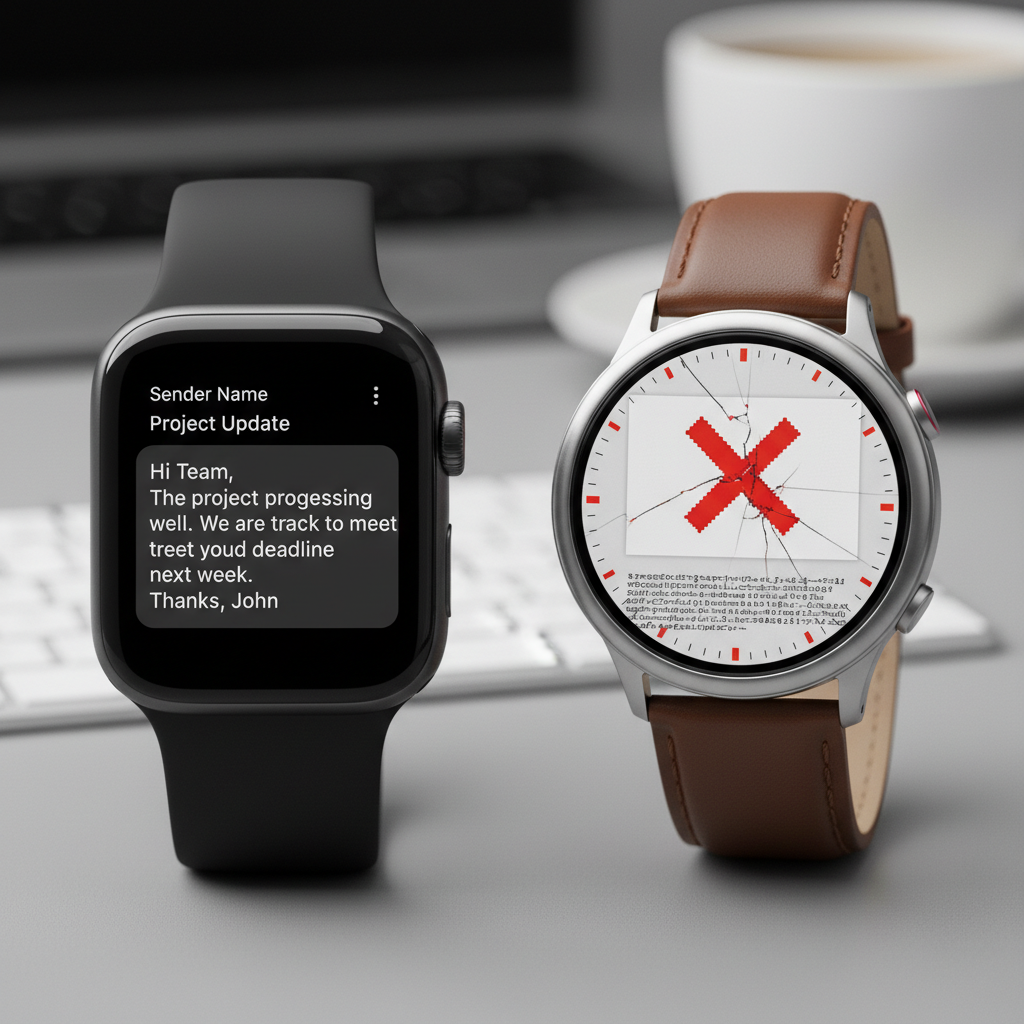 A close-up photo of an Apple Watch displaying a legible plain text email message versus a smartwatch screen showing a broken image icon and tiny unreadable text from an HTML email.