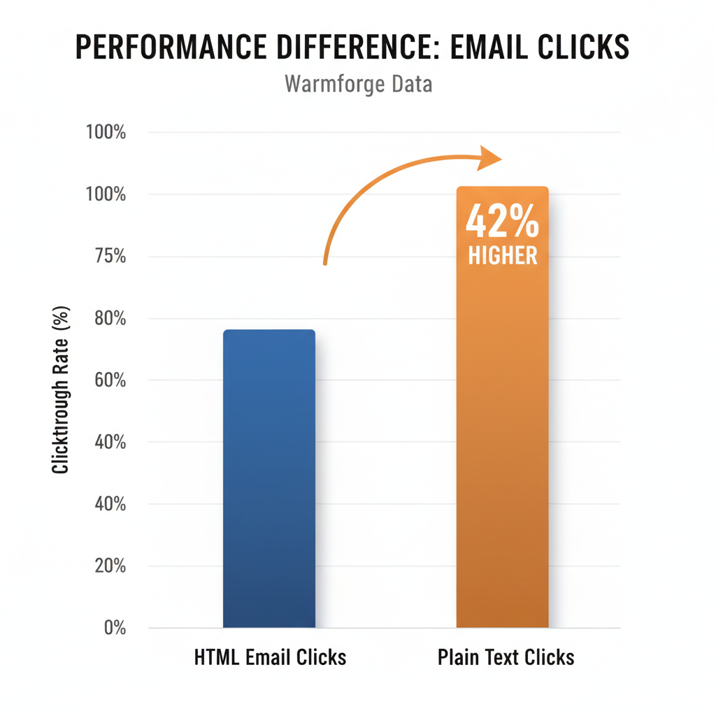 A bar chart visualizing the performance difference, showing a 42% higher bar for 'Plain Text Clicks' compared to a lower bar for 'HTML Email Clicks' based on Warmforge data.