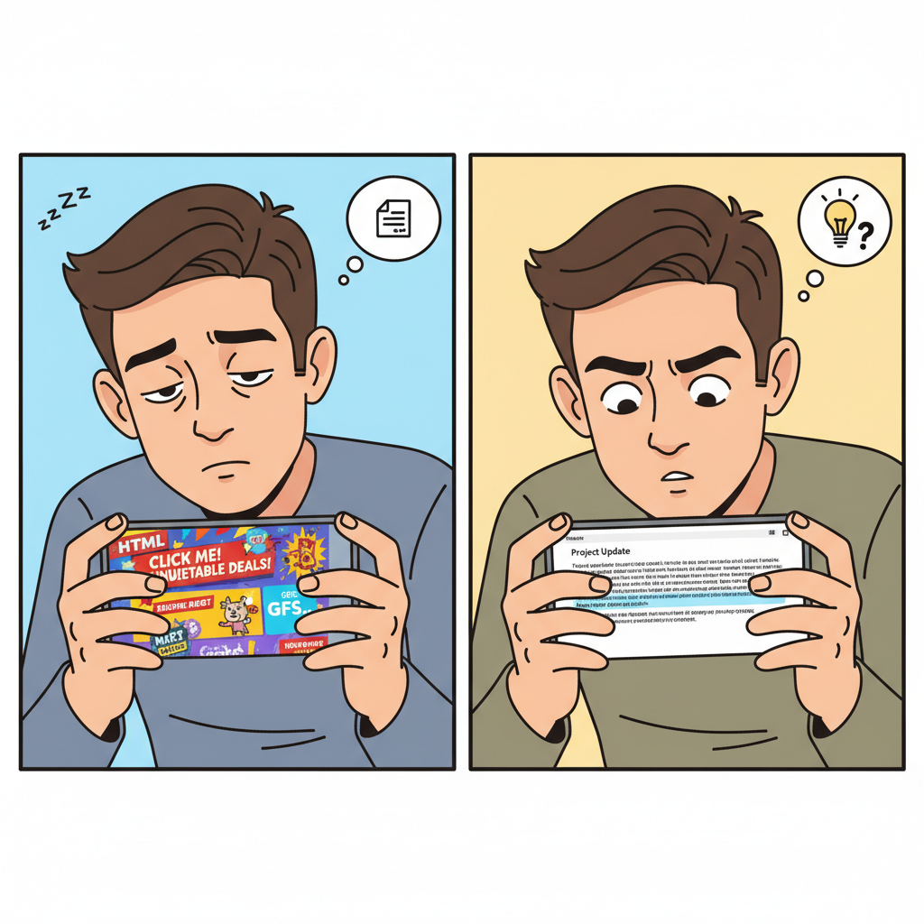 A split-screen illustration showing a user's reaction: looking bored/ignoring a flashy HTML ad, versus looking interested/leaning in while reading a simple text email on a phone.