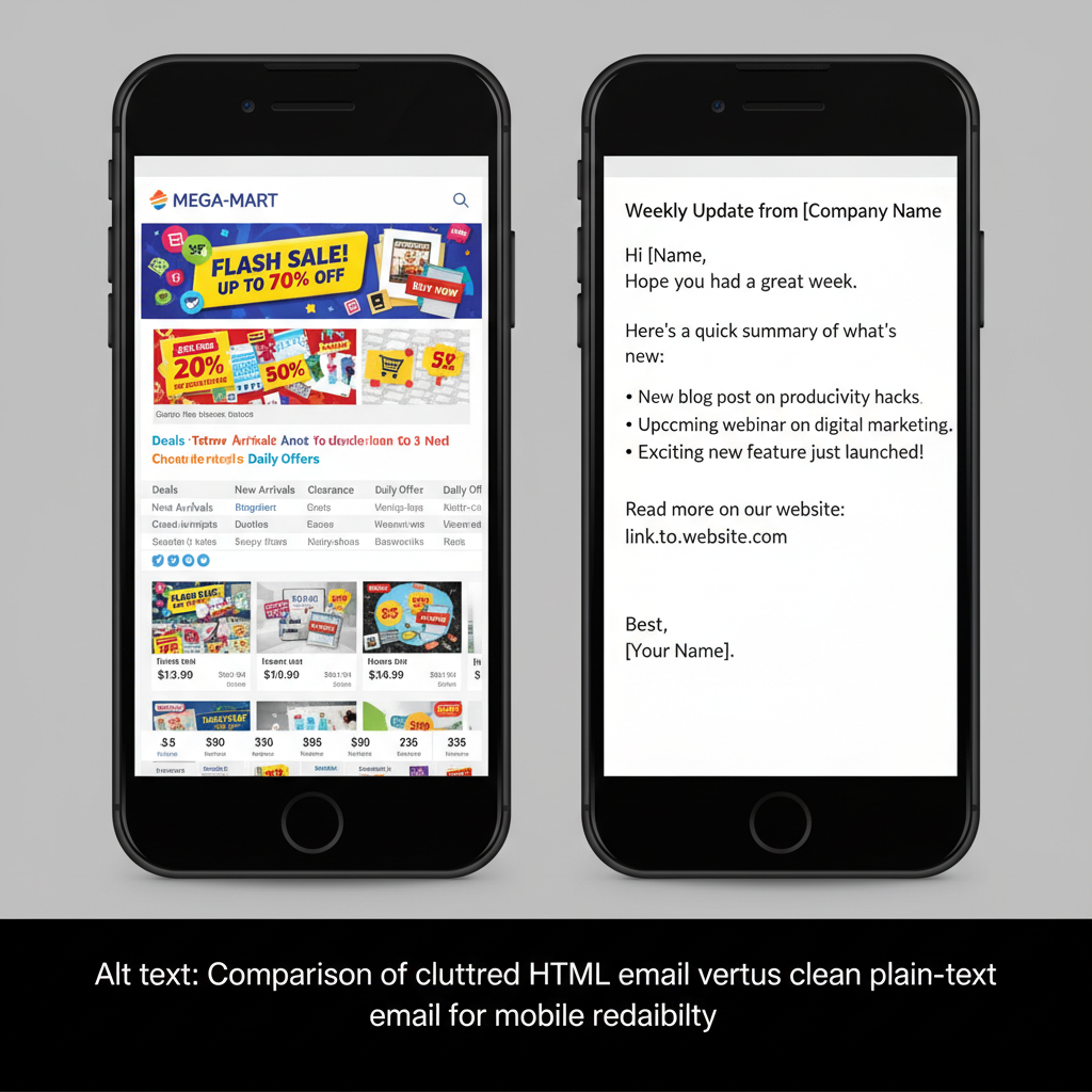 A split-screen comparison showing a cluttered, graphic-heavy email on the left and a clean, plain-text email on the right on a mobile screen. The plain-text version has clear spacing and short paragraphs. Alt text: Comparison of cluttered HTML email versus clean plain-text email for mobile readability.