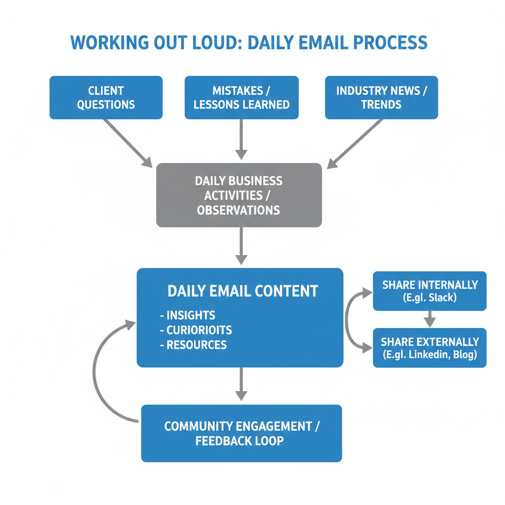 A flowchart diagram showing the 'Working Out Loud' process. Input sources like 'Client Questions', 'Mistakes', and 'Industry News' flow into a central 'Daily Email' box. Alt text: Flowchart illustrating how to source daily email content from everyday business activities.