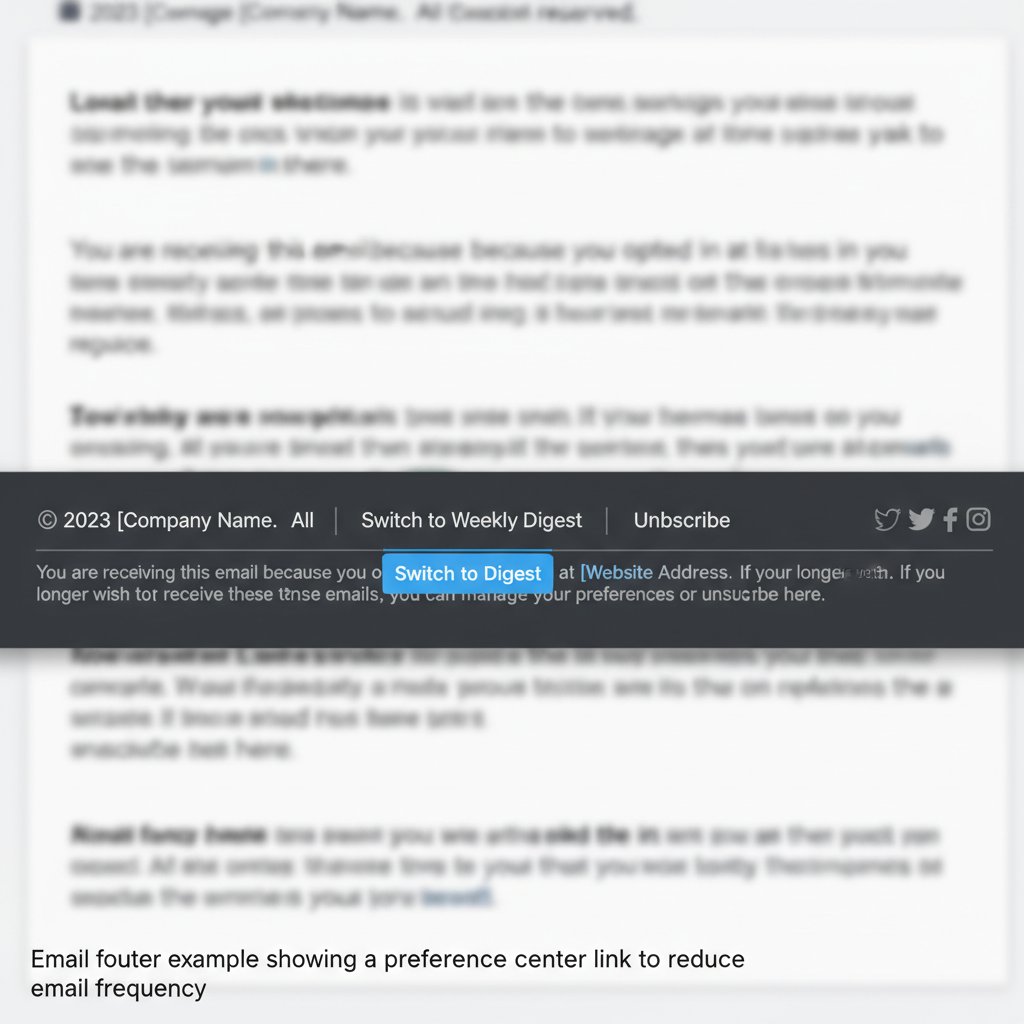 A close-up screenshot of an email footer showing a specific link option labeled 'Switch to Weekly Digest' alongside the standard unsubscribe link. Alt text: Email footer example showing a preference center link to reduce email frequency.