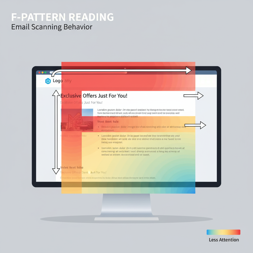 An infographic illustrating the 'F-Pattern' reading style overlaid on an email, showing how eyes scan the top header and then down the left side. Alt text: Heatmap showing how readers scan emails in an F-pattern emphasizing top-loaded content.