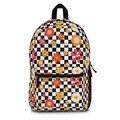 70s Floral Backpack with Black & White Checkered Background | Retro Flower Pattern Bag | Vintage-Inspired Book Bag