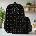 Personalized School Backpack Bag Matching Insulated Lunch Tote Bag Pencil Bag Pouch Set of 3 for School With Gold Crown Monogram Custom Set