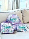 3 Piece Set- Lavender Unicorn Confetti Backpack, Pencil Pouch & Lunchbox; Girl Back to School; Back to School; Packed Party